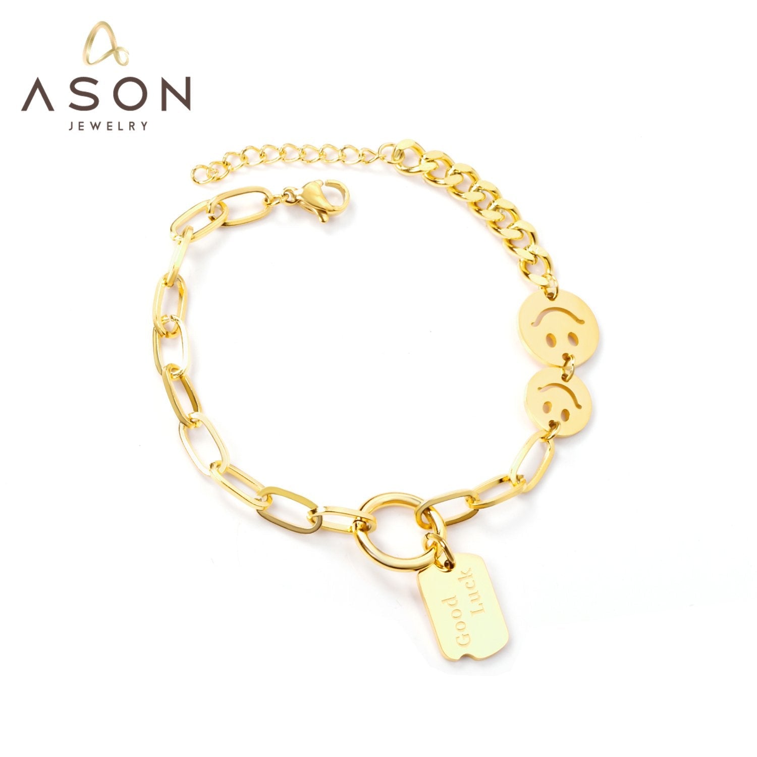 ASON Fashion 316L Stainless Steel Smiley Face Charm Bracelet with Good Lucky Pendant Bangle for Women Jewelry asonjewelry